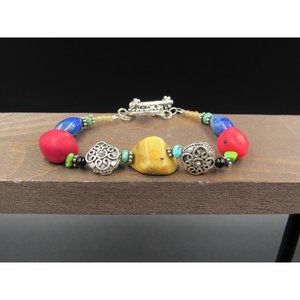 8" Sterling Silver Lapis Lazuli Stones And Red Shell Bracelet Vintage Elegant